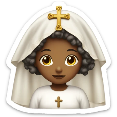 Catholic girl with curly hair and veil over her hair, a cross in the cheast  sticker