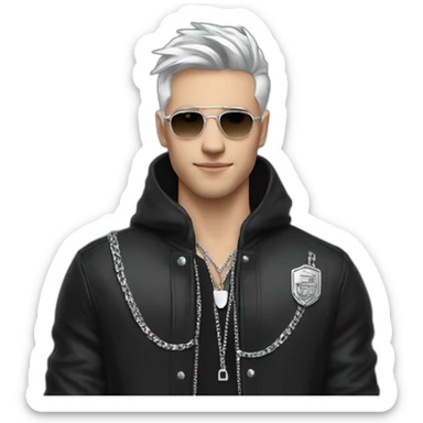 A white England strong male wearing silver chain on a black jacket,cool,style sticker
