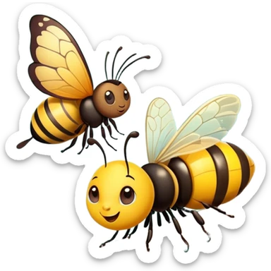 butterfly and bee sitting on a tree branch in a forest, cute and friendly sticker