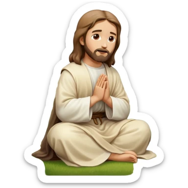 Jesus kneeling to pray in a garden, hands clasped, reverent expression, emoji style sticker