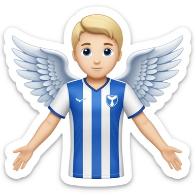 Blue and white soccer jersey with an angel symbol on the front sticker