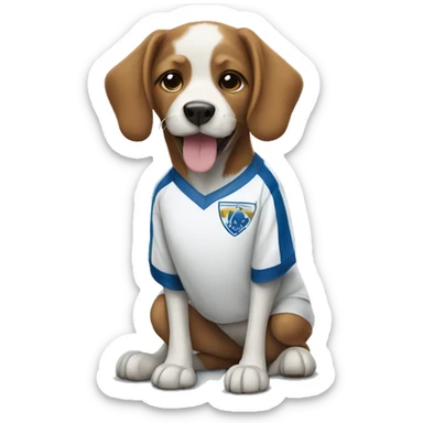 A dog wearing a soccer jersey sticker