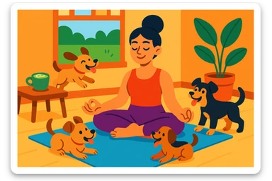 woman practicing yoga in a cozy home with a green yard, matcha latte nearby, several playful dogs around her sticker