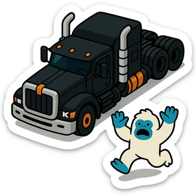 Remove the background, keep only the black 2026 Kenworth W680 flat top semi sleeper and the small abominable snowman, top-down vibrant toon style, no text. sticker