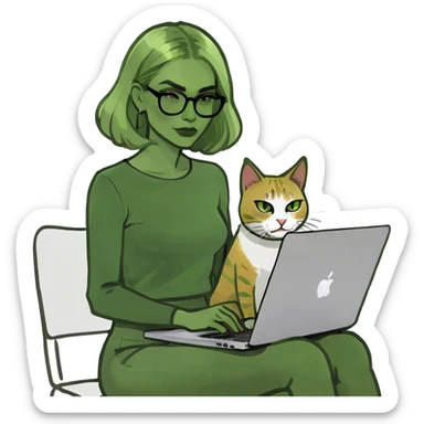 Blonde woman ponytail  with cat and MacBook  sticker