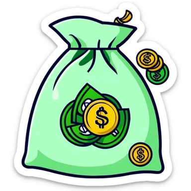 cartoonish sticker of a money bag with gold coins sticker
