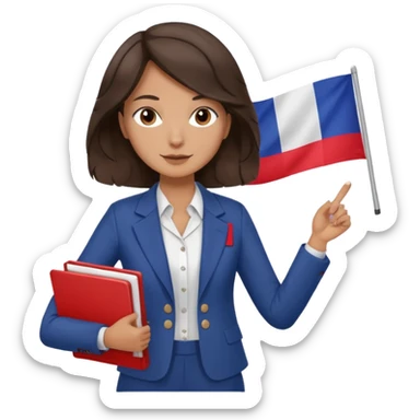 wavy dark brown hair, no glasses, fox dark eyes, with a little file in the hand, being a teacher with a board in the background with a french flag, sticker