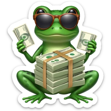 A frog holding a stack of cash with sunglasses on in a roles Royce  sticker
