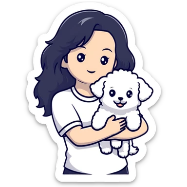 woman with long black hair holding white fluffy Bichon Frise dog sticker