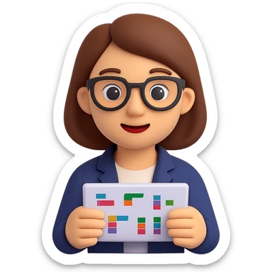 A woman wearing glasses and looking at data, in 3D emoji style, with no background. The style is Microsoft style 3D fluent emojis, colorful and smooth. sticker