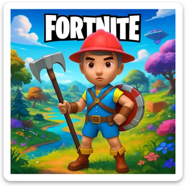 Add a vibrant Fortnite game background behind John Pork, keeping the Fortnite theme and colors. The style should reflect the colorful, dynamic, and playful atmosphere typical of Fortnite landscapes. sticker