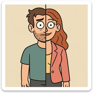 cartoon character with one half male and one half female, distinct clothing and hairstyle on each side, plain minimal background sticker