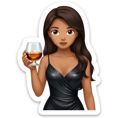 Beautiful woman in 1950’s woman fashion look, black shimmery dress, long dark brown hair, whisky with ice sticker