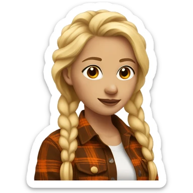 Woman turned around with blonde hair braided wearing a brown and orange flannel sticker