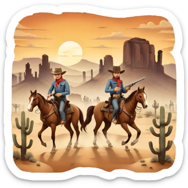 Icon for Western: A vintage movie poster-style design with cowboys on horseback, dusty desert landscape, and a setting sun. Include cowboy hats, revolvers, and an old saloon. The design should have bold typography and a retro cinematic feel. Transparent background. sticker