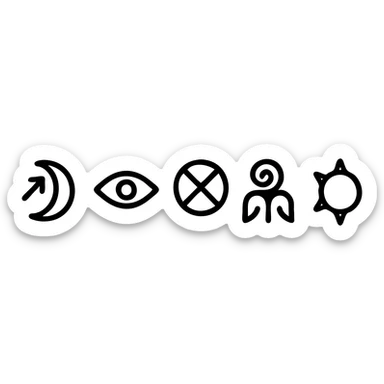 bold, unique icon set of auspice symbols from Werewolf: The Apocalypse V20 including Ragabash, Theurge, Philodox, Galliard, Ahroun, matching the tribal glyph style, clean and high-contrast sticker