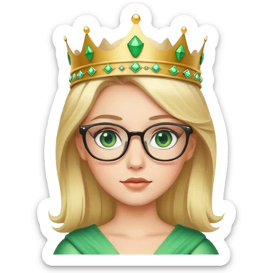 beautiful princess with blonde hair, striking green eyes, wearing glasses and a crown sticker