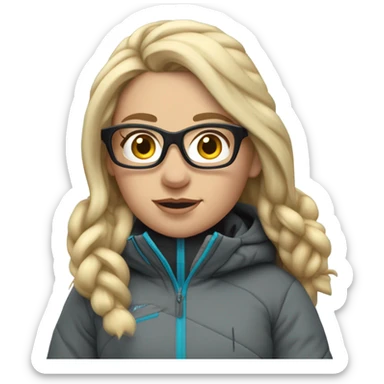 slightly chubby female skier with long blonde hair, glasses, grey snow jacket, black pants and black skis. no poles sticker