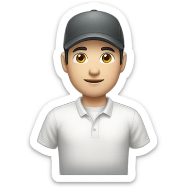 Pale skinned Man with black hair in a white cap and dark gray polo T-shirt with a box into his hands sticker