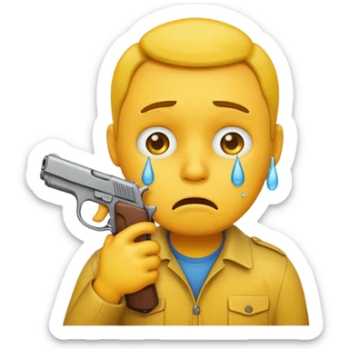 Make a yellow emoji of a guy holding a gun in his mouth while crying sticker