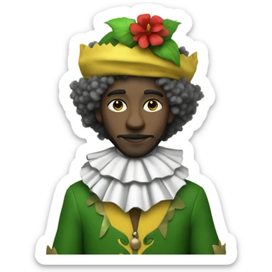 White Person with a half black and yellow jester hat with a red flower ball wearing a half black and yellow jester outfit with a white and grey collar with green eyes and brown fluffy hair sticker