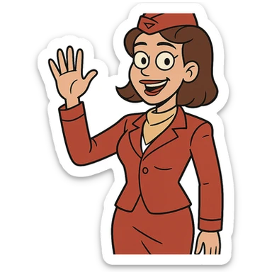 flight attendant in a red uniform, waving, cartoon style, simple background sticker