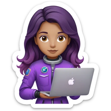 girl astronaut with purple suit, long ombre black/brown wavy hair and one macbook sticker