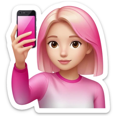 girl taking selfie, transparent glass with bright pink gradient from #FF335F to #FF99AA, highlights and reflections, minimalistic sticker