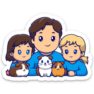 Family portrait with father with dark brown hair and blue eyes, mother with light brown hair and blue eyes, three blonde little girls with blue eyes, plus a grey cat and two guinea pigs sticker