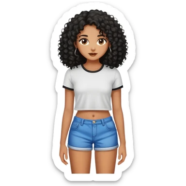 Garota emoji morena, cabelos longos cacheados pretos, short curto e top sticker