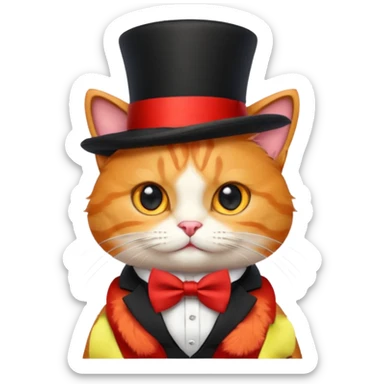 Cute emoji-style orange tabby cat wearing a black top hat with a red band and a red bow tie, big round eyes, fluffy fur, clean mascot style, centered, transparent background, 1:1 ratio. sticker