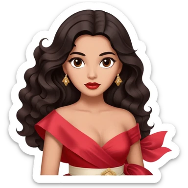 A woman with canela-toned skin, dark voluminous hair in waves, expressive eyes with soft lashes and shimmer, full lips with a glossy nude-pink color, wearing a red dress and a white sash with “Miss San Juan” in black letters, exuding elegance and confidence sticker