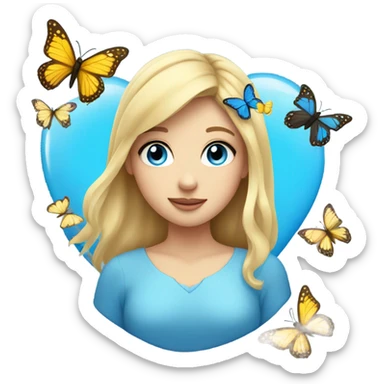Face with blonde hair blue eyes butterflies and holding a blue heart sticker