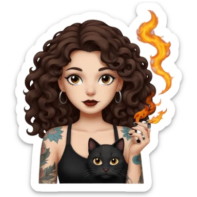 woman with long curly brown hair, brown eyes, white skin, tattoos, black cat turning into smoke and back sticker