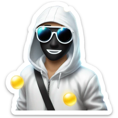 Caucasian boy at rave wearing a black mask and sunglasses and a white glowing outfit and glowing hat with bubble guns in each hand with bubbles all around sticker