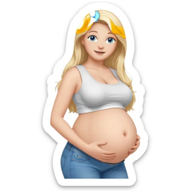 White girl, 18, long blonde hair, blue eyes, white crop top, jeans, huge pregnant belly, big boobs, side view, skinny, bare midriff, smiling sticker