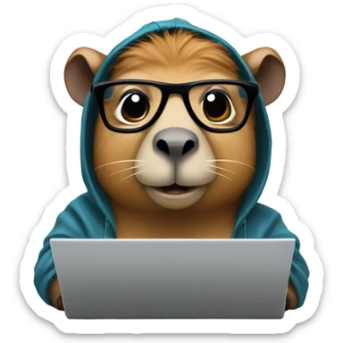 Nerdy cute capybara with its distinct large dark snout, big eyes, with glasses wearing a hoodie and coding on a laptop  sticker