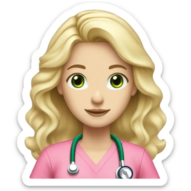 pale blonde girl with long wavy hair and green eyes wearing pink scrubs and stethoscope  sticker