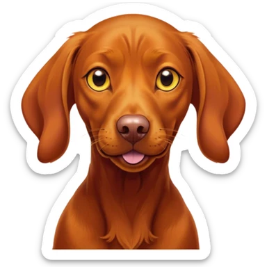 Cinematic Comical Vizsla Portrait Emoji, Head tilted dramatically with an exaggeratedly amused expression, featuring a striking rust and gold Fur with bold accents, wide, expressive amber eyes filled with playful disbelief, Simplified yet hilariously expressive features, highly detailed, glowing with a slightly sassy glow, high shine, dramatic yet playful, stylized with an air of cheeky mischief, bright and endearing, soft glowing outline, capturing the essence of a spirited and over-the-top companion, so meme-worthy it feels like it could side-eye its way into internet fame instantly! sticker