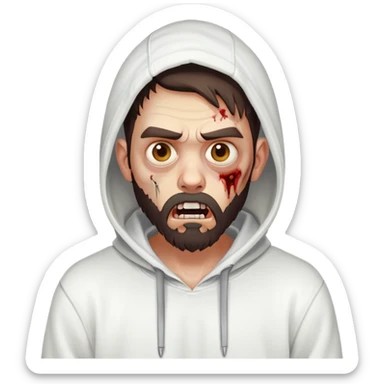 zombie with shocked expression, undercut hairstyle with dark brown hair, short full beard, wearing plain white hoodie sticker