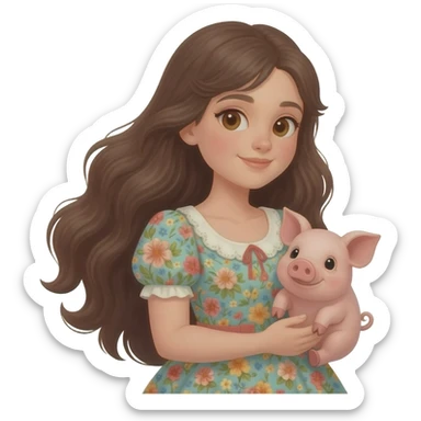 Beautiful girl brunette With long hair and a little pig sticker