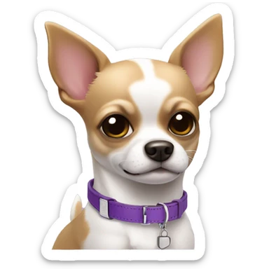dog chihuahua white and brown with purple collar with tag sticker