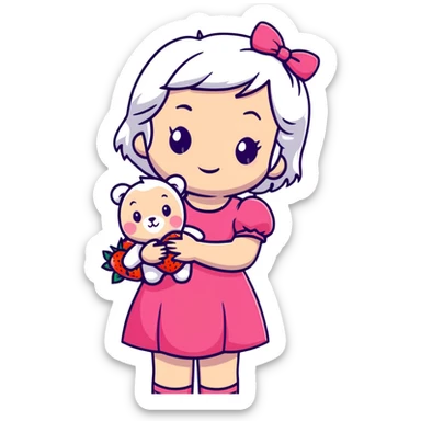 girl with white hair holding a strawberry wearing a pink dress holding a teddy bear sticker