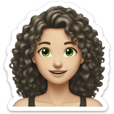 white girl with black long curly hair and green eyes smiling sticker
