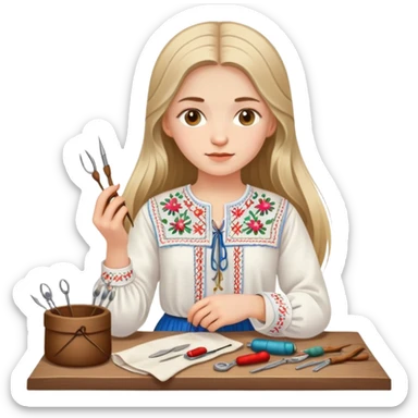 Ukrainian young girl with long hair wearing a white embroidered traditional shirt (vyshyvanka) holding sewing tools like a needle and thread sticker