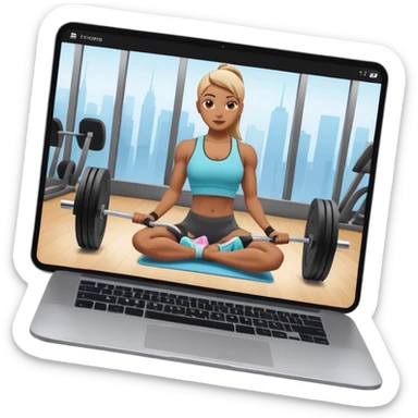 Open laptop on a dark background, showing a fitness trainer inside a modern professional gym on the screen— smooth rounded edges, soft lighting, no text or logos, minimalistic and high-quality rendering. Only the laptop is visible, centered sticker