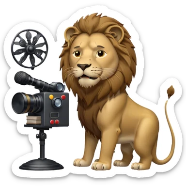 Icon for Documentary TV Show: A TV screen with a microphone, books, historical documents, and scientific symbols. Include a roaring lion or other animal, interview setup with a camera, and a serious-looking news anchor or narrator. Transparent background. sticker