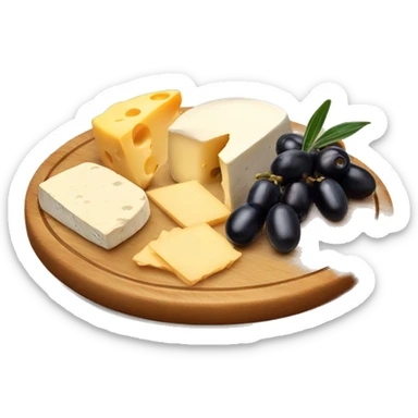 realistic cheese plate on wooden board lots of olives sticker