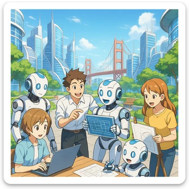 Anime-style AI and humans working together in a bright, clean, futuristic San Francisco, joyful and optimistic sticker