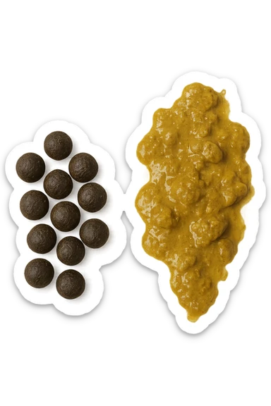 feci di animale a palline viste dall'alto e feci di animale liquide e gialline viste dall'alto, iperrealistico 4k sticker